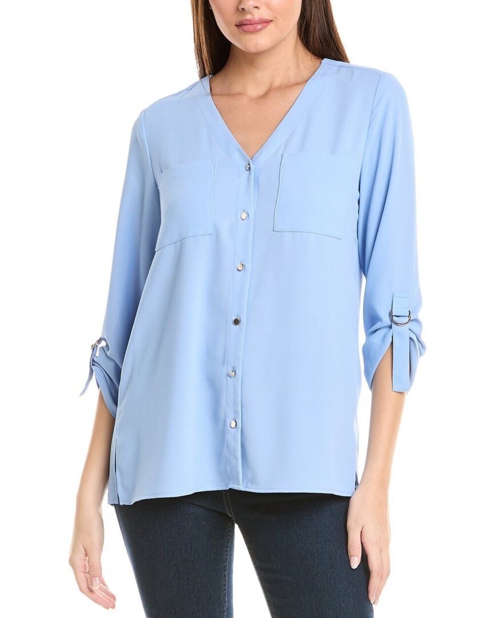 Jones New York  Long Sleeve Collarless Tunic with DRings Top Women's XS Bluebell